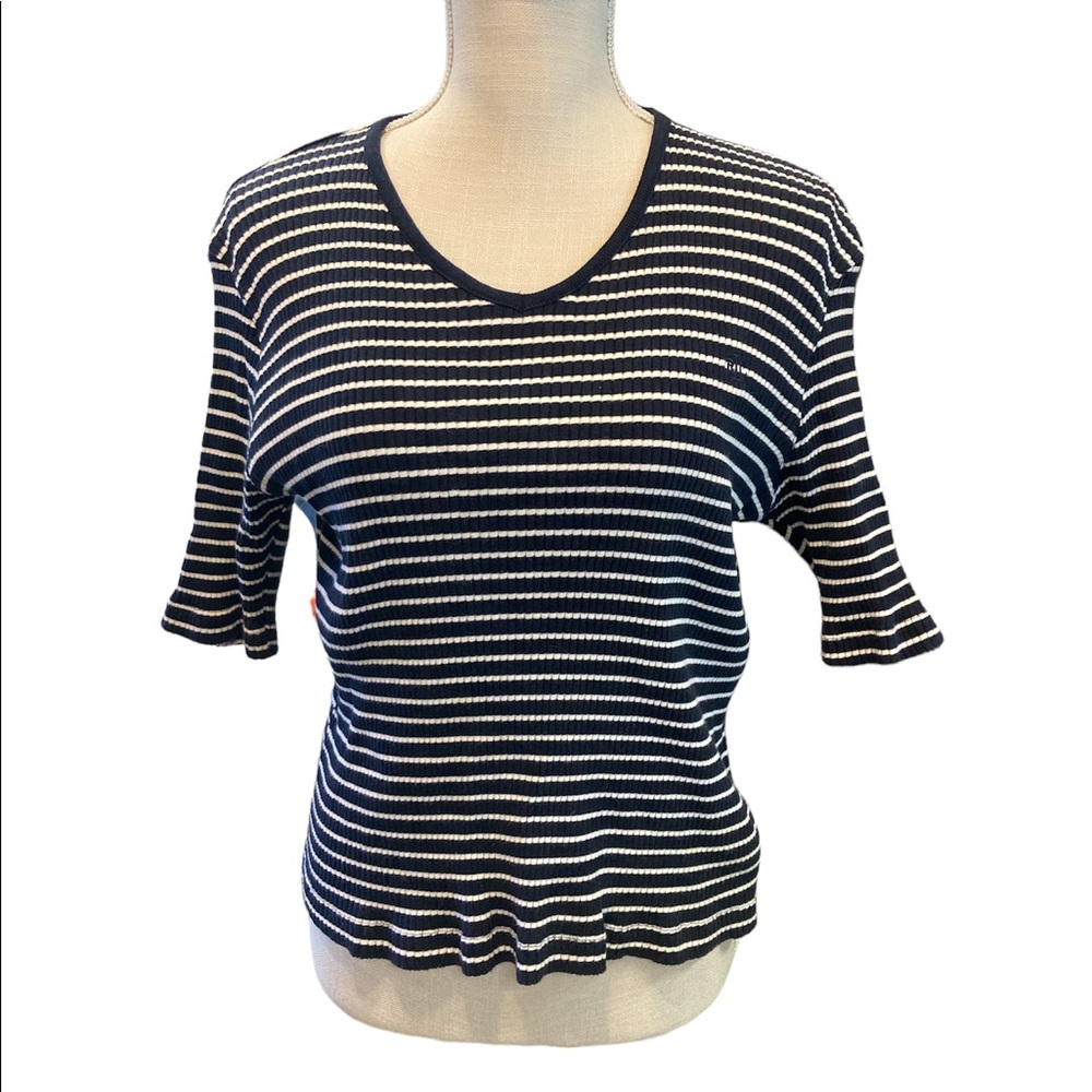 Lauren by Ralph Lauren Navy Blue & White Striped 1/2 Sleeve Ribbed Top